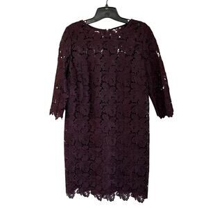 Loft Floral Guipure Lace Lined Burgundy Red Sheer Trim Shift Dress Sz 10P